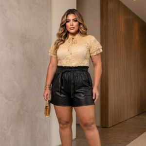 Blusa plus size de renda poliamida preta com gola alta e detalhe de laço frontal ajustável, vestindo modelo curva com caimento elegante.