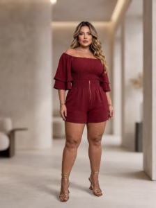 Curvas realçadas em tamanho 54 com o Conjunto Capri em alfaiataria, blusa com ombros estruturados em Elastec e short de cintura alta modeladora.