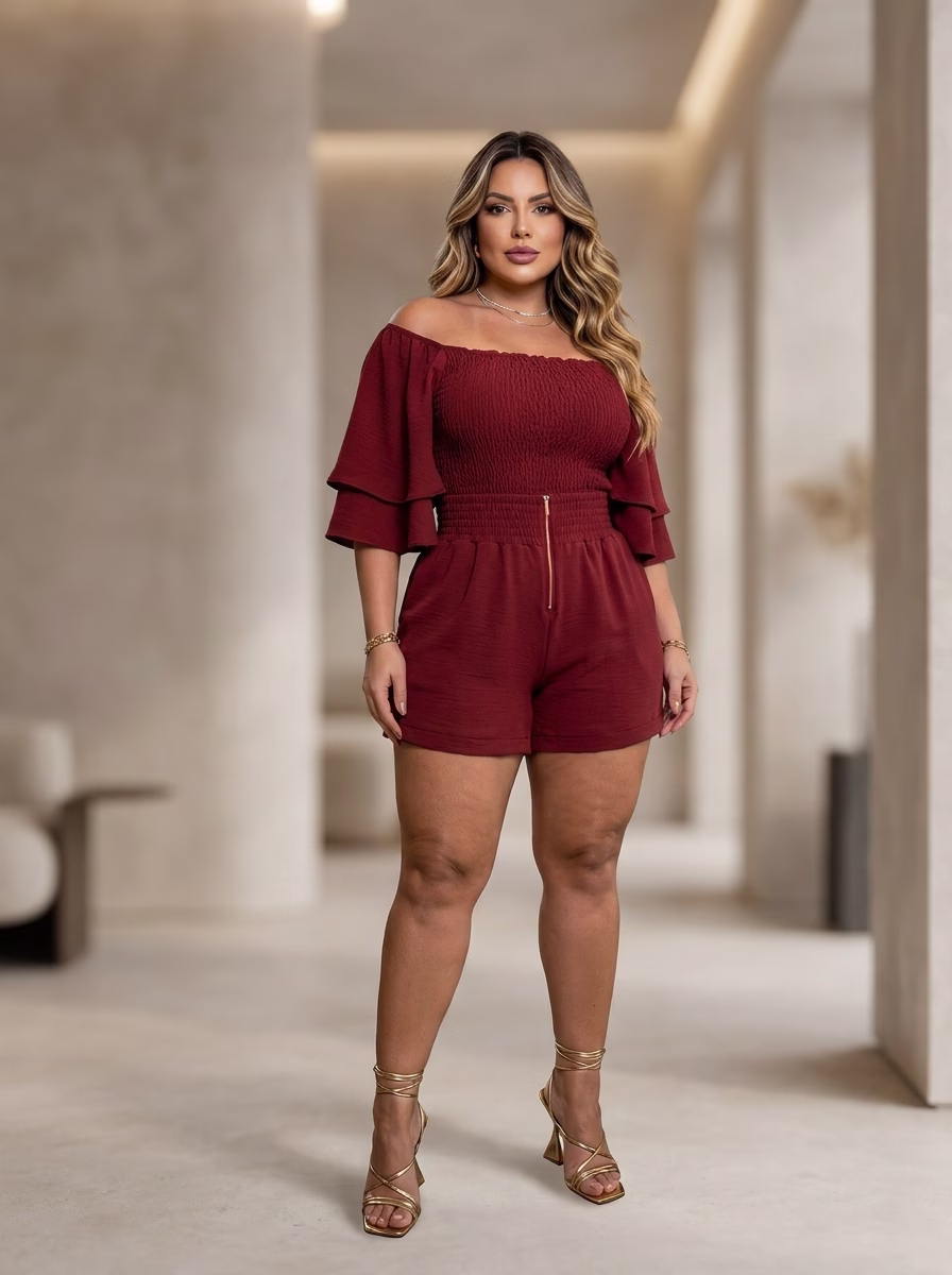 Curvas realçadas em tamanho 54 com o Conjunto Capri em alfaiataria, blusa com ombros estruturados em Elastec e short de cintura alta modeladora.