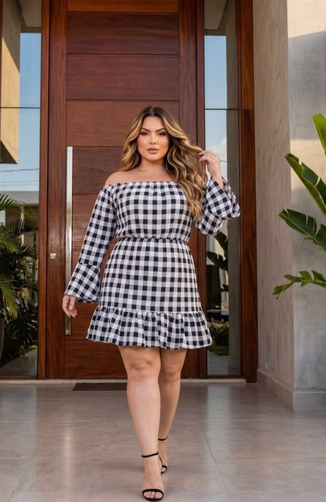 Vestido Ciganinha Manga Flare Xadrez Forrado Plus Size Premium Ateliê Tê - Imagem 2