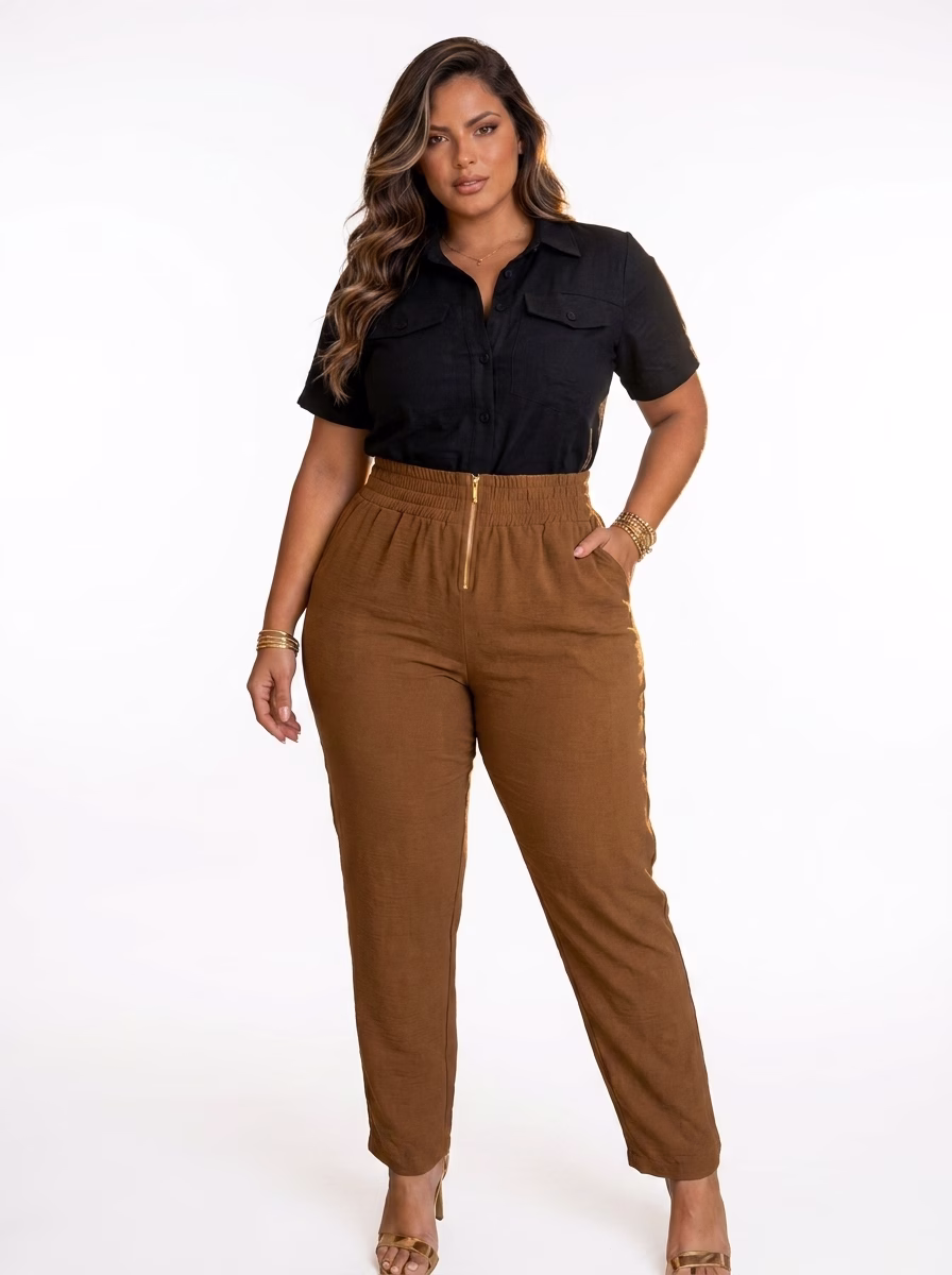 Calça Plus Size Alfaiataria Eridan Cós Elástico e Zíper Dourado Premium (G ao GG do 44 ao 54) - Imagem 11