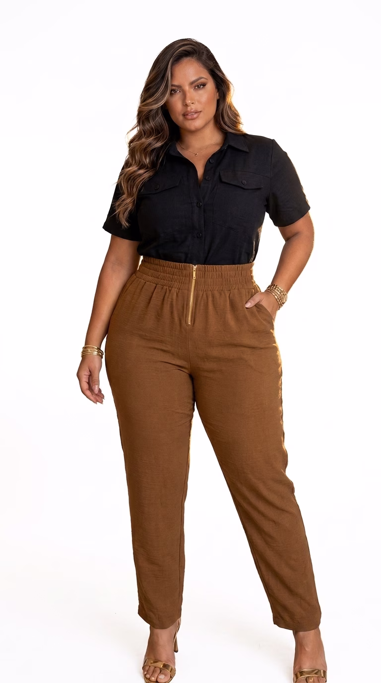 Calça Plus Size Alfaiataria Eridan Cós Elástico e Zíper Dourado Premium (G ao GG do 44 ao 54) - Imagem 12