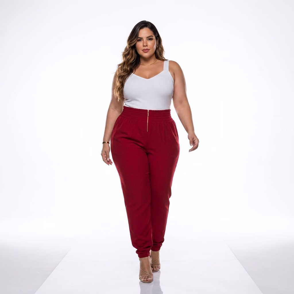 Modelo plus size vestindo calça de alfaiataria Eridan na cor vinho bordô, caimento no tamanho 54 com cós largo ajustável em elástico, zíper metálico dourado e regata branca de alça larga.