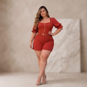 Macaquinho Plus Size Feminino Curvy Premium Com Cinto e Zíper G e GG – Moda 44 ao 54 Macaquinho Plus Size Feminino Curvy Premium Com Cinto e Zíper G e GG – Moda 44 ao 54